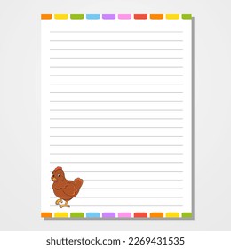 Sheet template for notebook, notepad, diary. Lined paper. Cute character. Easter theme. Isolated vector illustration. cartoon style.