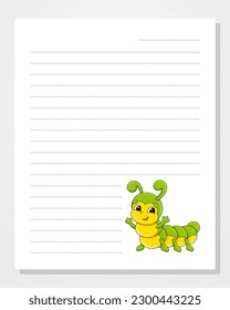 Sheet template for notebook, notepad, diary. Lined paper. With cute character. Cartoon style. Vector illustration.