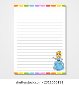 Sheet template for notebook, notepad, diary. Lined paper. Cute character. With a color image. cartoon style. Vector illustration.
