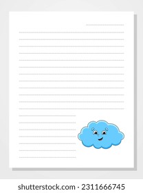 Sheet template for notebook, notepad, diary. Lined paper. With cute character. Cartoon style. Vector illustration.