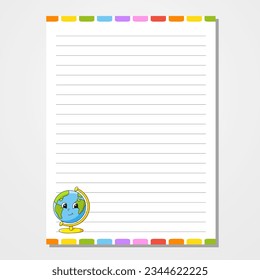 Sheet template for notebook, notepad, diary. Lined paper. Cute character. With a color image. Isolated vector illustration. cartoon style.