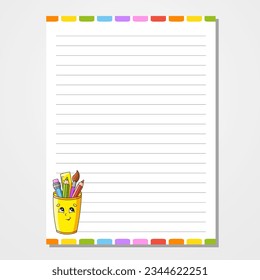 Sheet template for notebook, notepad, diary. Lined paper. Cute character. With a color image. Isolated vector illustration. cartoon style.
