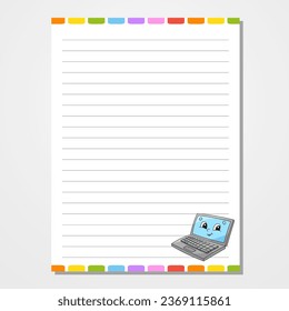 Sheet template for notebook, notepad, diary. Lined paper. Cute character. With a color image. Isolated vector illustration. cartoon style.