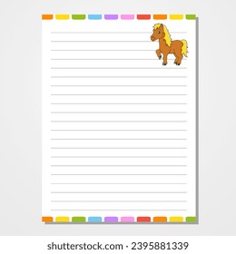 Sheet template for notebook, notepad, diary. Lined paper. Cute character. With a color image. cartoon style. Vector illustration.