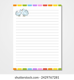 Sheet template for notebook, notepad, diary. Lined paper. Cute character. With a color image. cartoon style. Vector illustration.