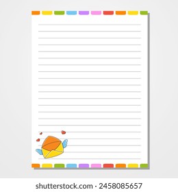 Sheet template for notebook, notepad, diary. Lined paper. Cute character. With a color image. cartoon style. Vector illustration.