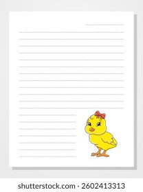 Sheet template for notebook, notepad, diary. Lined paper. With cute character. Cartoon . Vector illustration.
