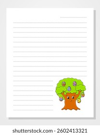 Sheet template for notebook, notepad, diary. Lined paper. With cute character. Cartoon . Vector illustration.