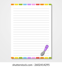 Sheet template for notebook, notepad, diary. Lined paper. Cute character. With a color image. cartoon . Vector illustration.