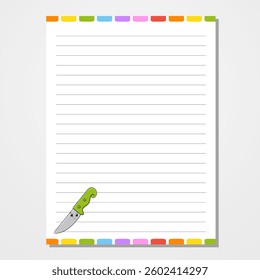 Sheet template for notebook, notepad, diary. Lined paper. Cute character. With a color image. cartoon . Vector illustration.