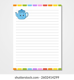Sheet template for notebook, notepad, diary. Lined paper. Cute character. With a color image. cartoon . Vector illustration.