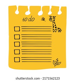 sheet template for writing plans for the day.vector illustration with drawn cute animals