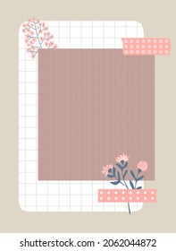 A sheet of textured paper taped to wall with pink duct tape. Notepaper, flowers and a sheet of checkered paper in the background. Vector illustration, flat style.