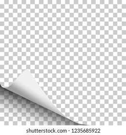Sheet of transparent paper with curled left corner from the bottom and soft shadow. Template paper design. Vector illustration.