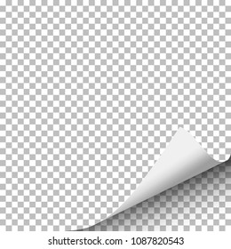 Sheet of transparent paper with curled right corner from the bottom and soft shadow. Element with space for text and ad. Template paper design. Vector illustration.