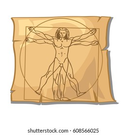 Sheet of vintage paper with torn edges depicting a human figure inside the circle isolated on white background. Canons of human body, standards of male beauty. Vector cartoon close-up illustration.