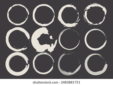 Sheet of white brush stroke circles icons on black background