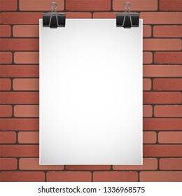 Sheet of white colour on a background of red bricks, blank for your design, Vector illustration