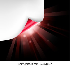 Sheet of white paper with a curl and back red light