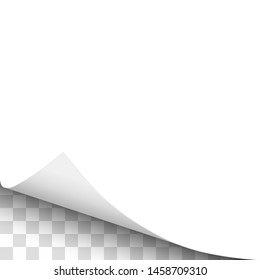 Sheet of white paper with curled lower left corner, soft shadow and transparent background under it. Element with space for text, ad and other aims. Template paper design. Vector illustration.