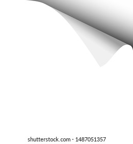 Sheet of white paper with curled upper right corner from the top and soft shadow. Template paper design. Vector illustration.