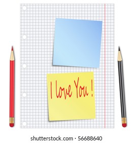 Sheet of white paper with pencils and blue sticky notes