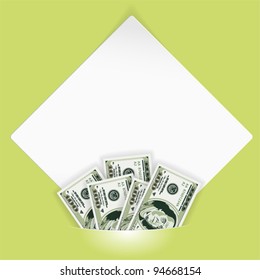 Sheet of white paper for your text or photos, mounted in pocket with dollar bills, template for design