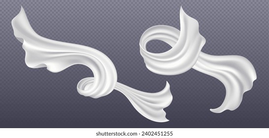 Hoja de cinta blanca de seda volando y fluyendo en el aire. Ilustración vectorial realista conjunto de telas de satén o de onda cortina sobre el viento. Brisa soplando y curvando trozos de cinta de tela con dobleces.
