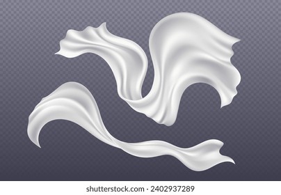 Sheet of white silk ribbon flying and flowing in air. Realistic vector illustration set of satin cloth or curtain wave on wind. Breeze blowing and curving pieces of fabric drapery tape with folds.