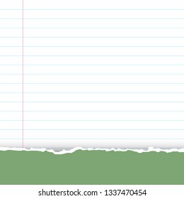 
A sheet of white striped paper with a left margin. Classic note for study. From above a green fragmentary piece from a cover of a notebook.Torn paper with copy space for your text.