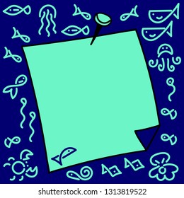 A sheet of writing paper attached by a button. Sea theme, doodle background. For your records. Vector