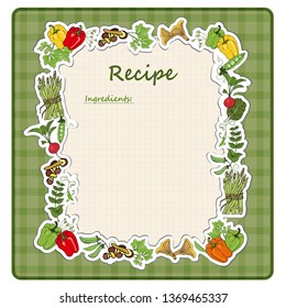 Sheet for writing to write recipes, diets, ingredients with a frame of vegetables. Dietary healthy food.