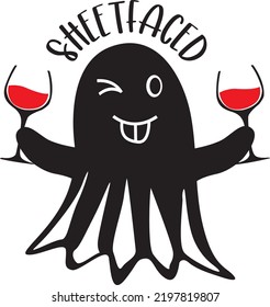 Sheetfaced, Ghost with Wine Glass, Halloween Holiday, Happy Halloween, Vector Illustration File