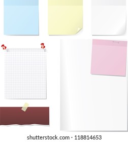 sheets of blank paper, post and memo set with pin, scotch tape and paperclip set