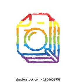 Sheets of book or magazine, stack of paper documents, business icon. Drawing sign with LGBT style, seven colors of rainbow (red, orange, yellow, green, blue, indigo, violet