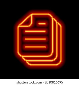 Sheets of book or magazine, stack of paper documents, business icon. Orange neon style on black background. Light linear icon with editable stroke