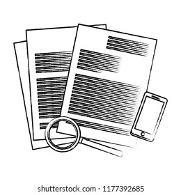 Sheets documents and magnifying glass with smartphone sketch