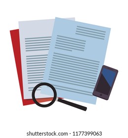 Sheets documents and magnifying glass with smartphone