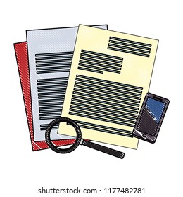 Sheets documents and magnifying glass with smartphone scribble