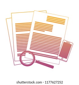 Sheets documents and magnifying glass with smartphone rainbow lines