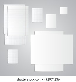 Sheets of notebook, album, notebook, exercise book. With holes for spring. Lined and squared paper. Clean paper photorealistic image. Templates for design and printing. Vector.