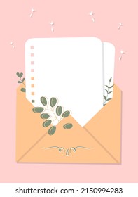 Hojas de bloc de notas y ramas con palos de hojas fuera del sobre. Plantilla para tarjeta de saludo o invitación. Ilustración vectorial botánica en estilo plano sobre un fondo rosado.