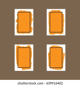 Sheets of paper with brush strokes and text frames. Set of four isolated vertical backgrounds. Templates for advertising. Vector illustration. White, orange, black.