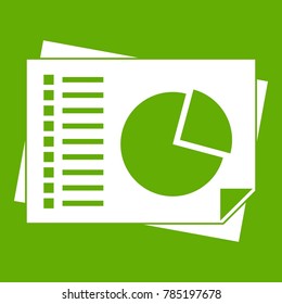 Sheets of paper with charts icon white isolated on green background. Vector illustration