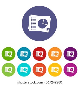 Sheets of paper with charts set icons in different colors isolated on white background