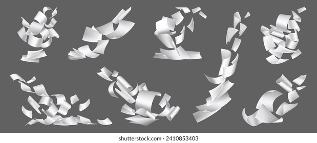 Sheets of paper falling down, blown away by wind. Vector isolated a4 documents with copy space scattered in air. Pile of blank notes with curved corners or office paperwork flying chaotically