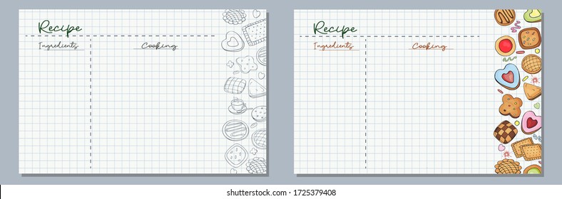 Sheets of paper with hand-drawn homemade cookies with chocolate and pastries for writing delicious recipes for your dishes in monochrome and color versions