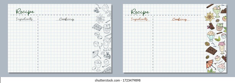 Sheets of paper with hand-drawn ice cream, sweets, chocolate, cinnamon for writing delicious recipes for your dishes in monochrome and color versions