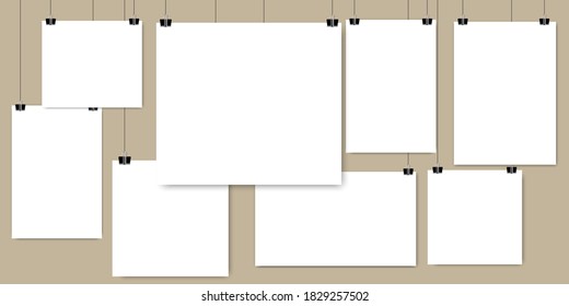 Sheets paper hanging on white background. Mockup photo vector frame illustration. White blank picture frame.