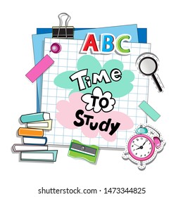 Sheets of paper with inscription Time to study on a white background with stickers watches, books, magnifying glass